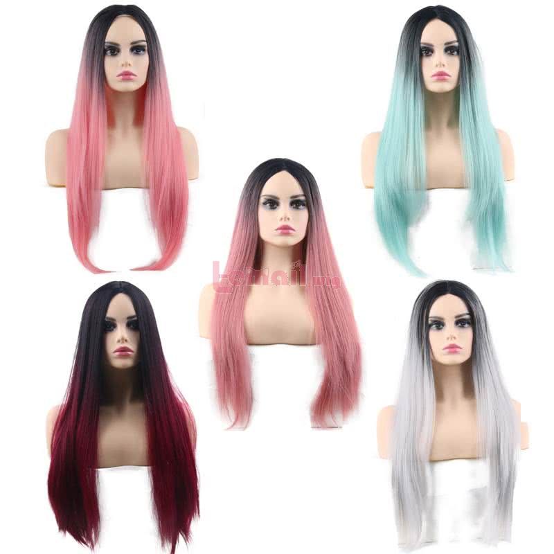 60cm Long 6 Colors Anime Straight Smooth Black Gradient Cosplay Wigs