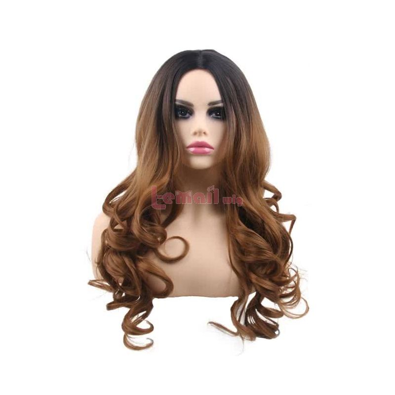 60cm Long Classic Curly Black Gradient Brown Pink Grey Charms Fashion Wig