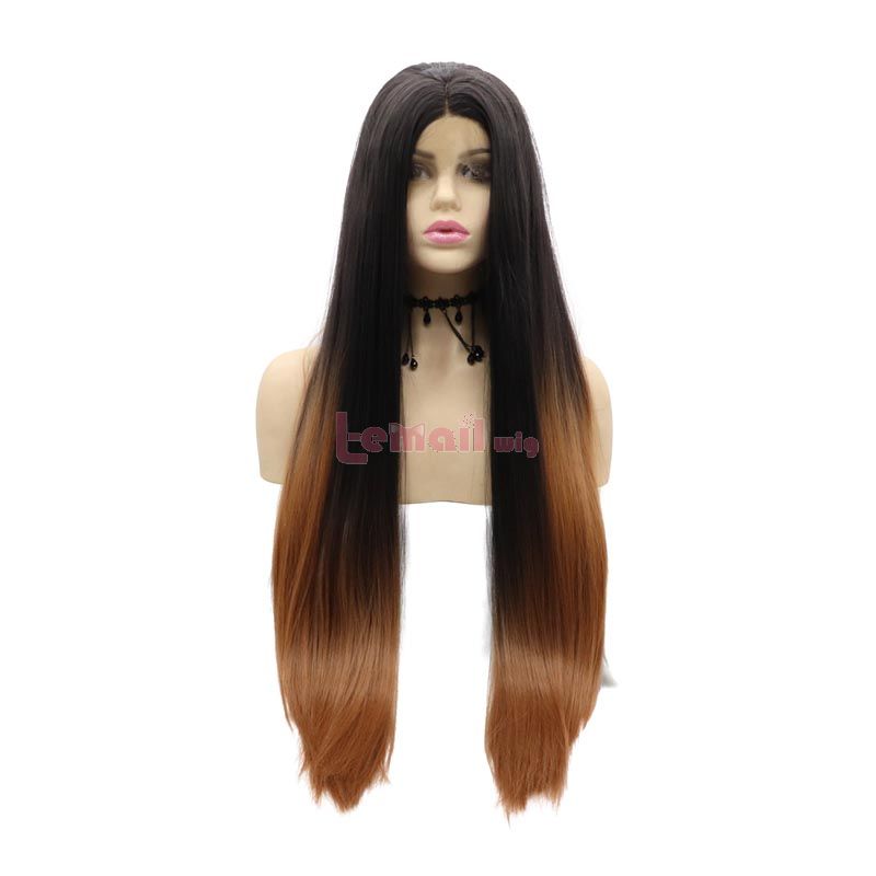 Fashion Long Straight Hair Black Gradient Brown Lace Front Cosplay Wigs