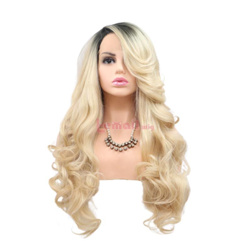 Fashion Long Curly Hair Gradient Blonde Lace Cosplay Wigs