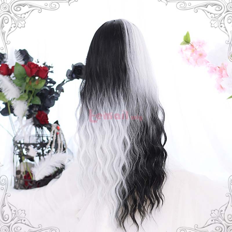 Fashion Lolita 60cm Wavy Long Black Mixed White Trendy Cosplay Wigs