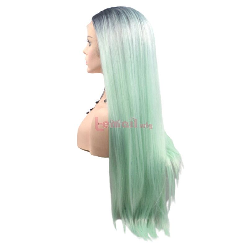 Fashion Long Straight Hair Black Gradient Blue Lace Front Wigs