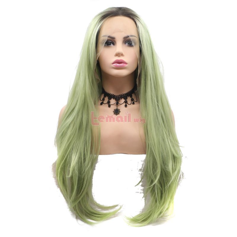 Fashion Long Curly Hair Gradient Light Green Lace Front Wigs Cosplay Wigs