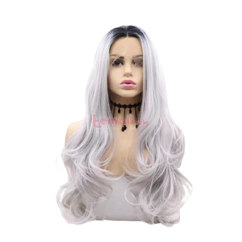 Fashion Long Curly Hair Gradient Gray Lace Front Cosplay Wigs