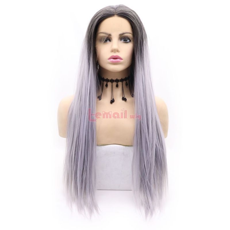 Fashion Long Straight Hair Purple Grey Lace Front Wigs