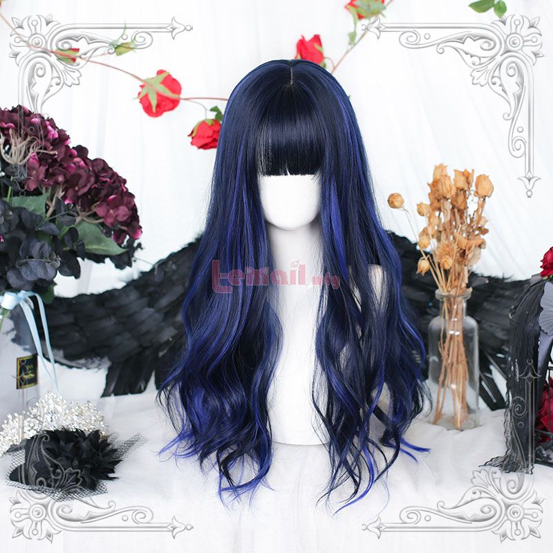 Lolita Black Mixed Blue Long Curly Cosplay Wigs