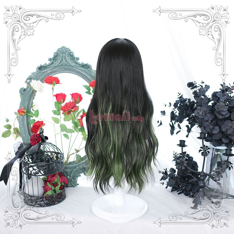Lolita Black Mixed Green Long Curly Cosplay Wigs