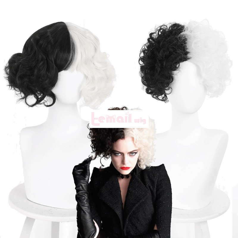 Movie Cruella Cruella de Vil Short Curly White And Black Cosplay Wigs