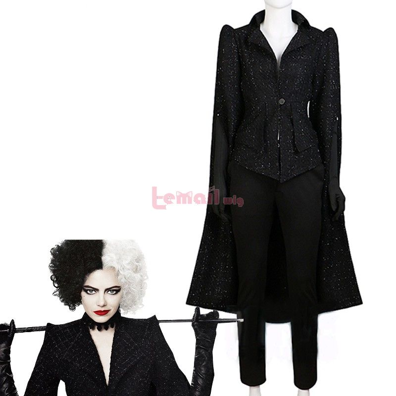 Movie White And Black Cruella Cruella de Vil Black Coat Cosplay Costume