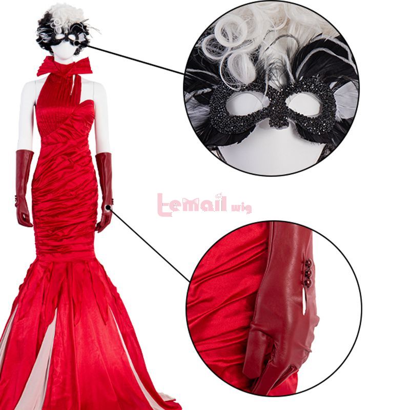 Movie White And Black Cruella Cruella De Vil Red Dress Cosplay Costume