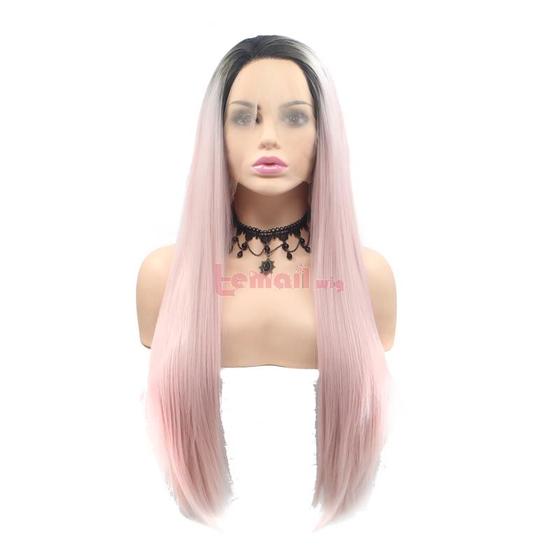 Fashion Long Straight Hair Gradient Pink Lace Cosplay Wigs