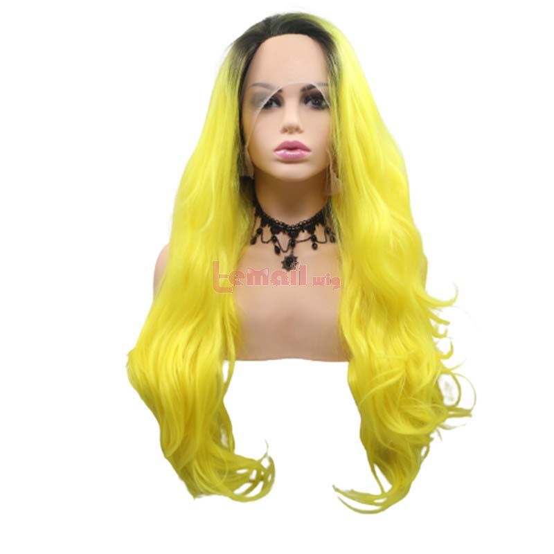 Fashion Long Curly Hair Gradient Yellow Lace Front Cosplay Wigs