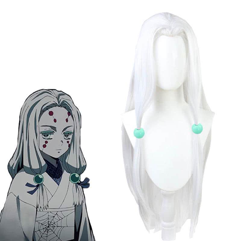 Demon Slayer Rui Spider Sister White Long Straight Cosplay Wigs With Free Headdress